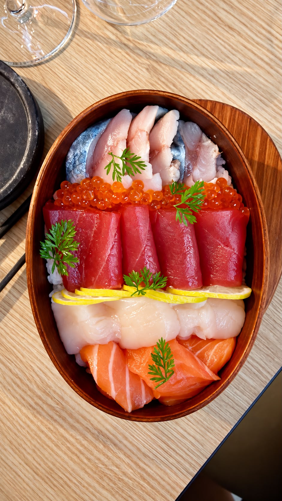 Chirashi luxury Omega Fish con shime saba, ikura, tonno, capasanta e salmone